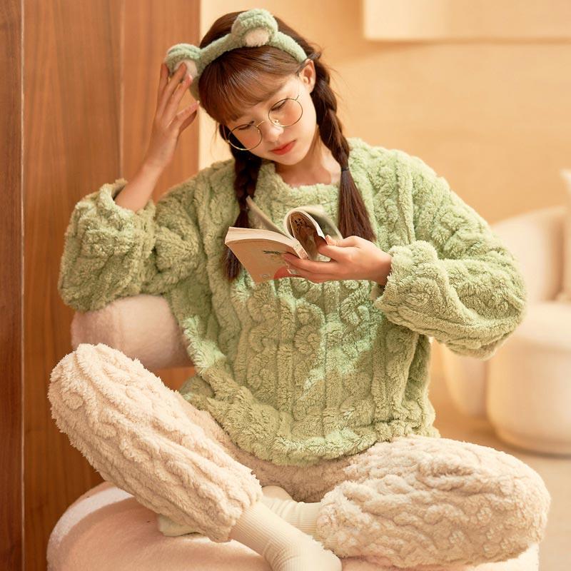 Cute Jacquard Home Plush Pajamas Set  |   Pajamas Clothing Green