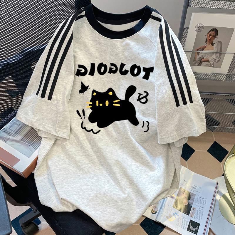 Cute Kitty Letter Print Casual Loose T-Shirt  |   T-Shirts Clothing Black