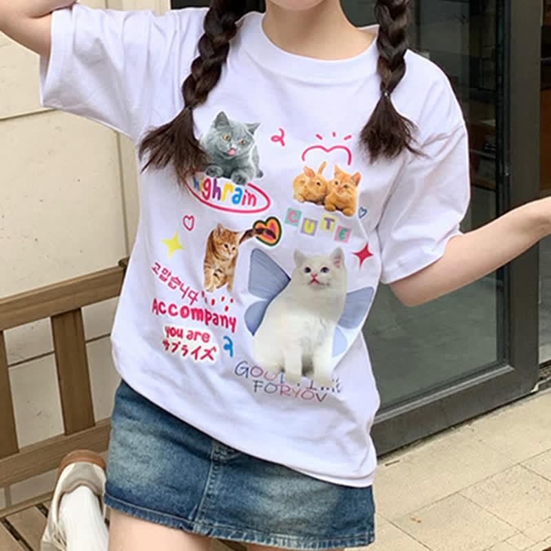 Cute Kitty Letter Print Round Collar Oversized T-Shirt  |   T-Shirts Clothing Black