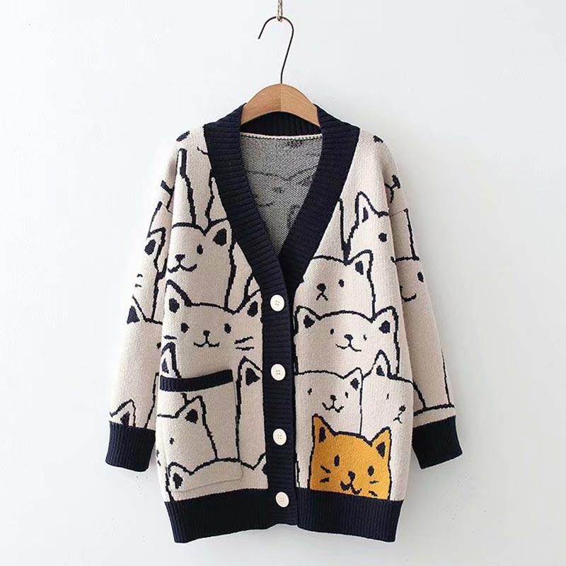 Cute Kitty Print Cardigan Sweater  |   Sweater Clothing Black