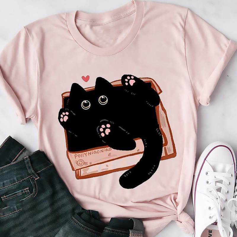 Cute Kitty Print Loose Casual T-Shirt  |   T-Shirts Clothing Pink