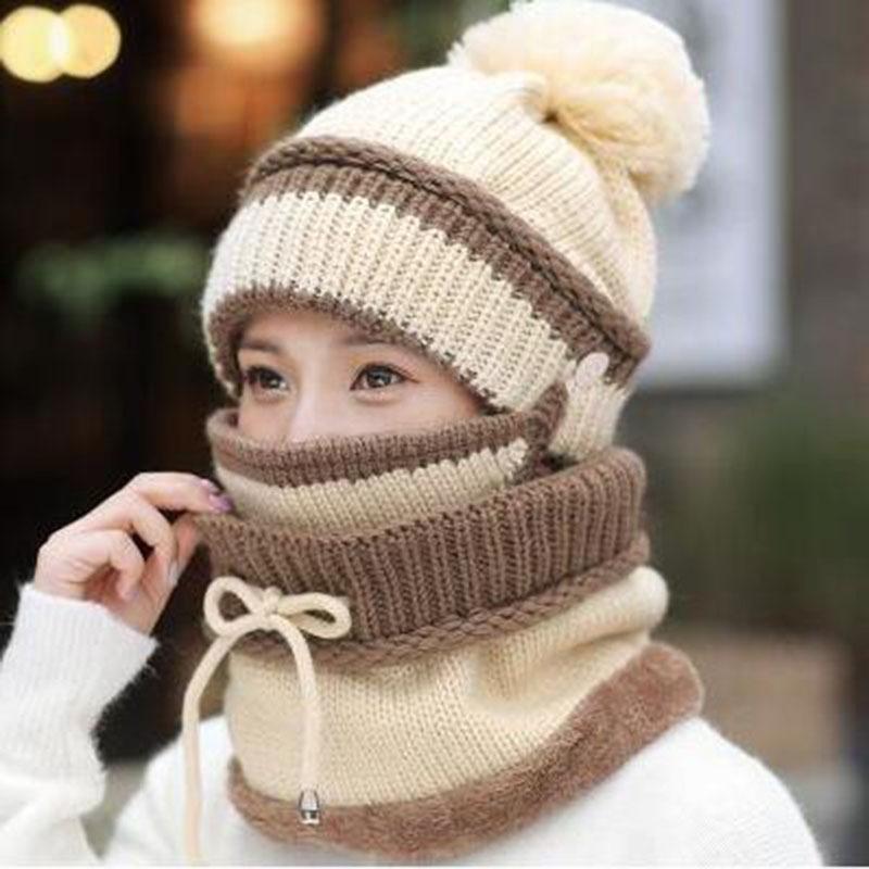 Cute Knit Hat Face Mask Fur Pom Pom  |   Hats & Scarfs Accessories Beige