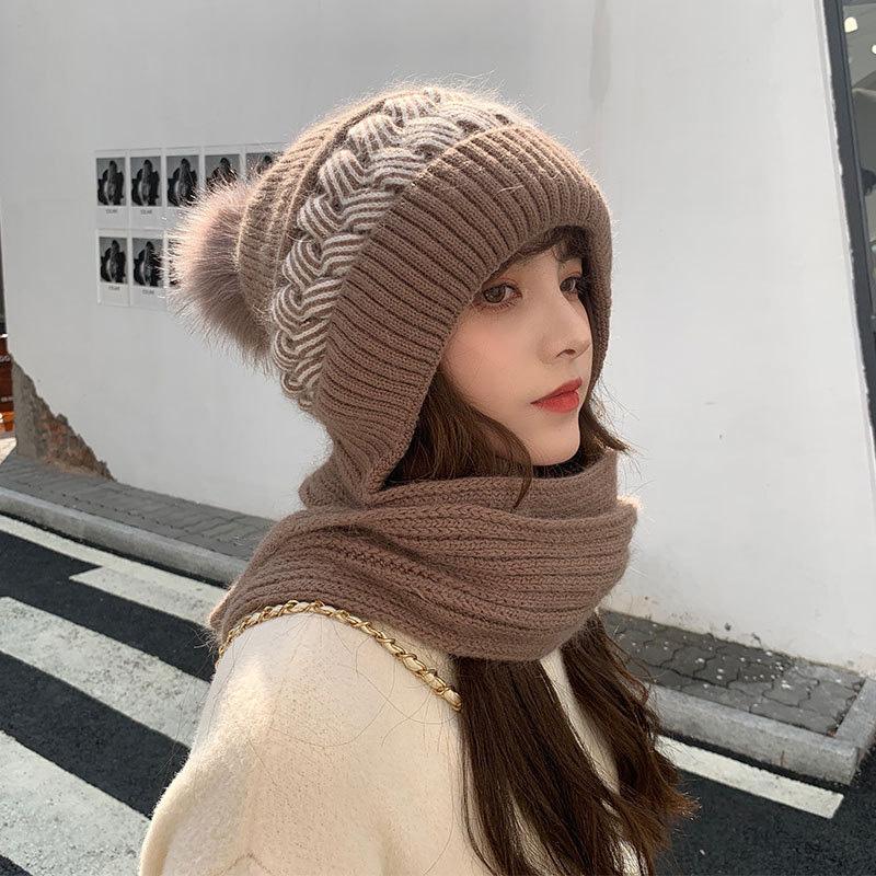 Cute Knit Hat Warm Scarf Fur Pom Pom  |   Hats & Scarfs Accessories Beige