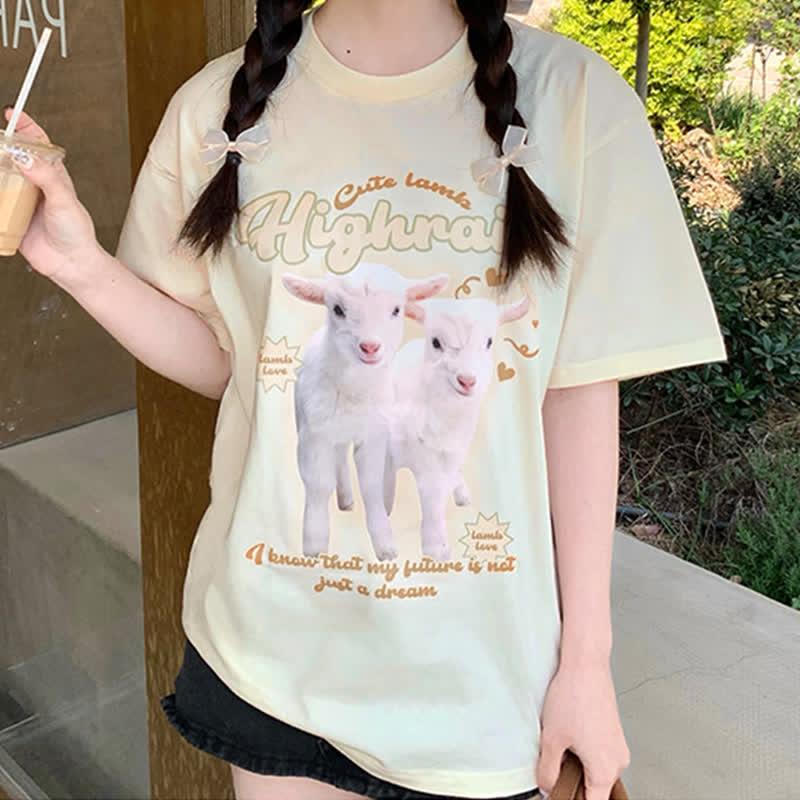 Cute Lamb Letter Print Round Collar Oversized T-Shirt  |   T-Shirts Clothing Black