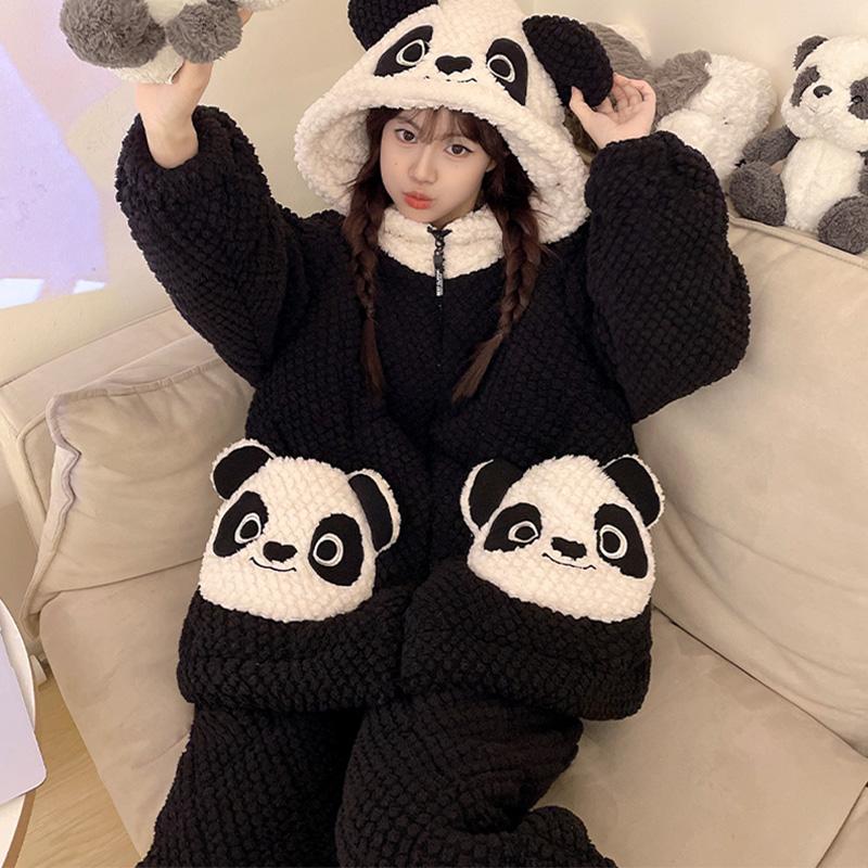 Cute Panda Colorblock Plush Hooded Pajamas Set  |   Pajamas Clothing Black A