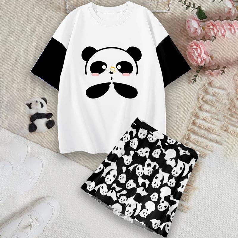 Cute Panda Print Casual Loose T-Shirt Pleated Skirt  |   T-Shirts Clothing Set