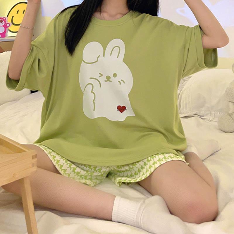 Cute Rabbit Print Summer Pajamas Two Piece Set  |   Pajamas Clothing Green