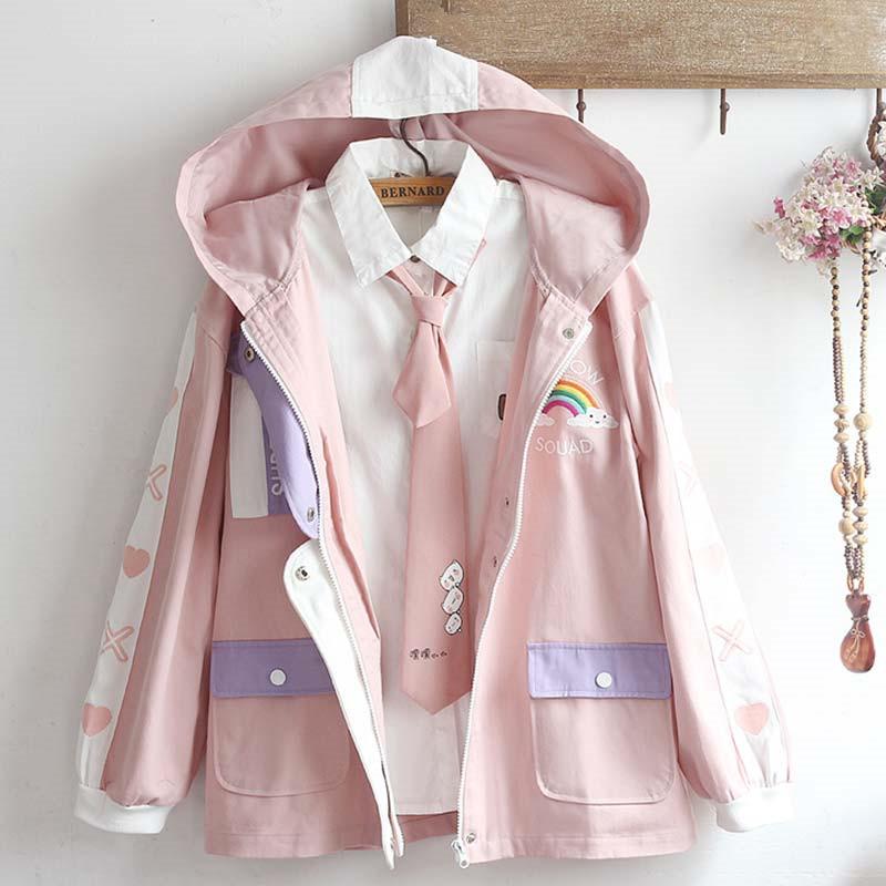 Cute School Student Rainbow Embroidery Hooded Jacket Outerwear  |   Outerwear Clothing Outerwear