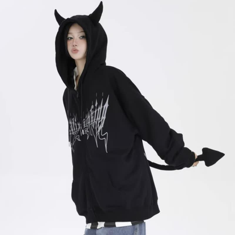 Dark Little Devil Letter Print Zipper Hooded Sweatshirt  |   Sweatshirts & Hoodies Clothing Black