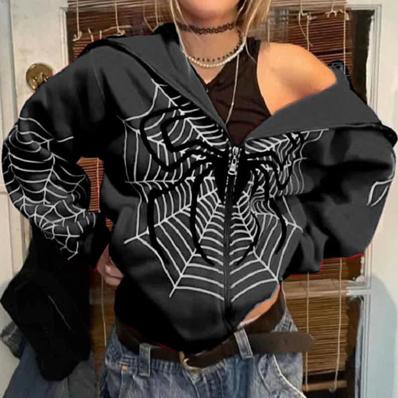 Dark Spider Web Print Full Zip Hooded Sweatshirt  |   Sweatshirts & Hoodies Clothing Black