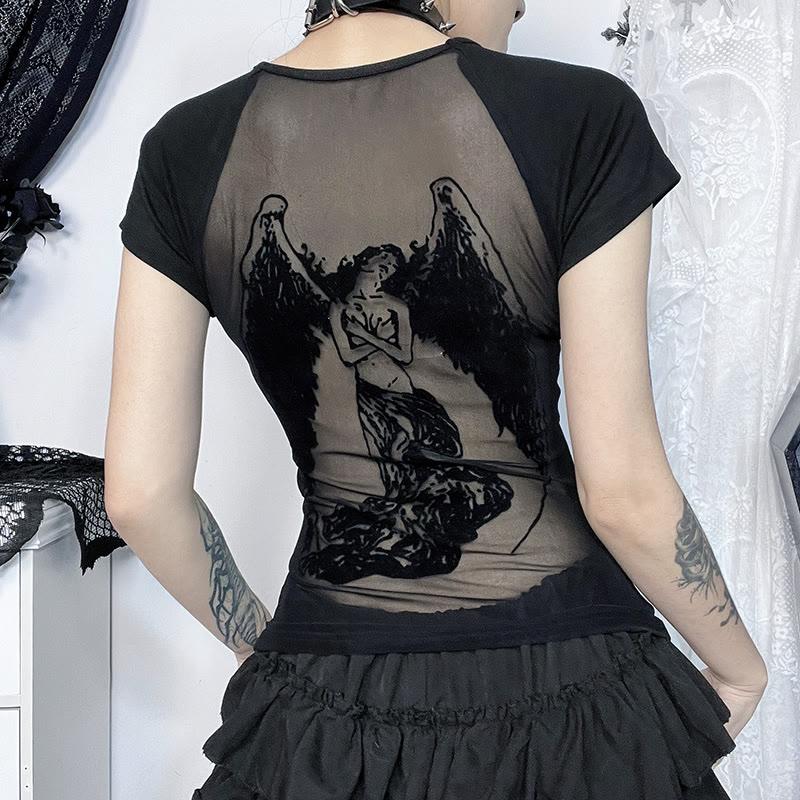 Darkness Angel Print Mesh Short Sleeve Crop Top  |   Crop Tops & Camis Clothing Black