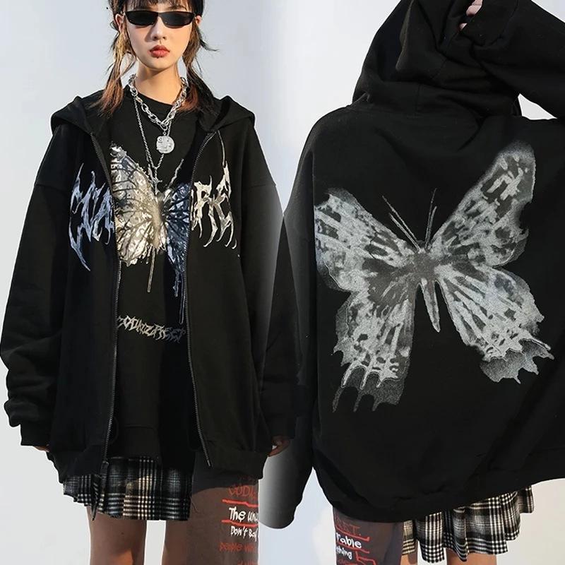 Darkness Butterfly Print Hooded Sweatshirt  |   Sweatshirts & Hoodies Clothing Black