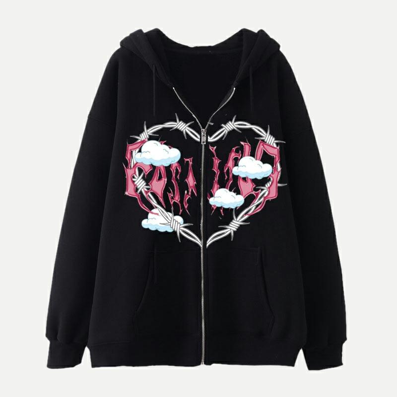 Darkness Love Heart Cloud Print Plush Hooded Sweatshirt  |   Sweatshirts & Hoodies Clothing Black