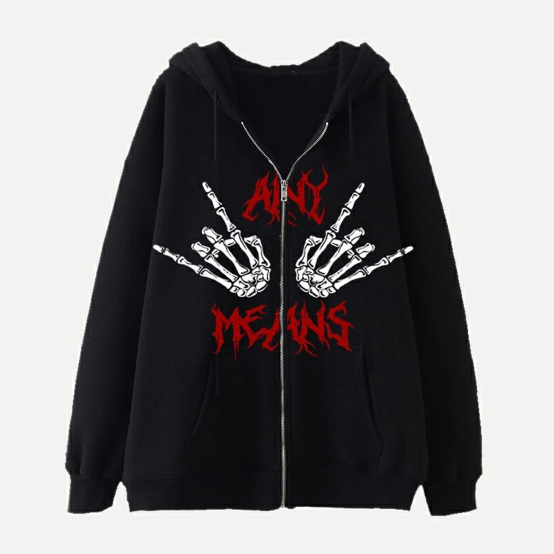 Darkness Skeleton Of Hand Print Plush Hooded Sweatshirt  |   Outerwear Clothing Black