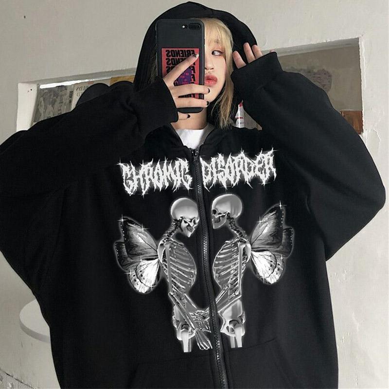 Darkness Skeleton Wings Print Plush Hooded Sweatshirt  |   Sweatshirts & Hoodies Clothing Black