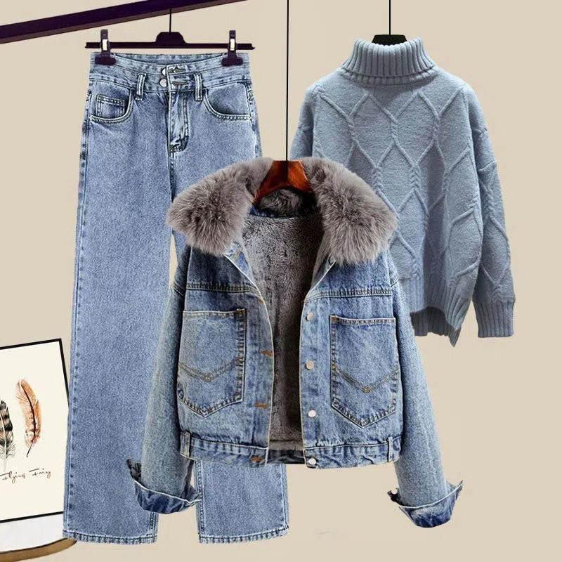 Denim Pocket Coat Turtleneck Sweater Jeans Three Pieces  |   Sweater Clothing Coat