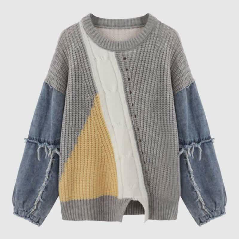 Denim Sleeve Colorblock Loose Round Collar Sweater  |   Sweater Clothing Black