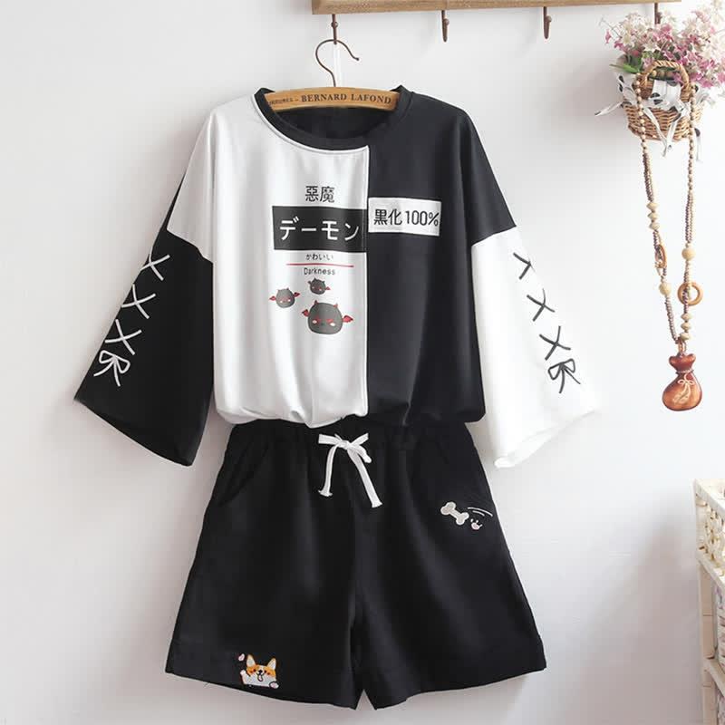 Devil Letter Print Colorblock Hooded T-Shirt Puppy Print Shorts  |   T-Shirts Clothing Shorts