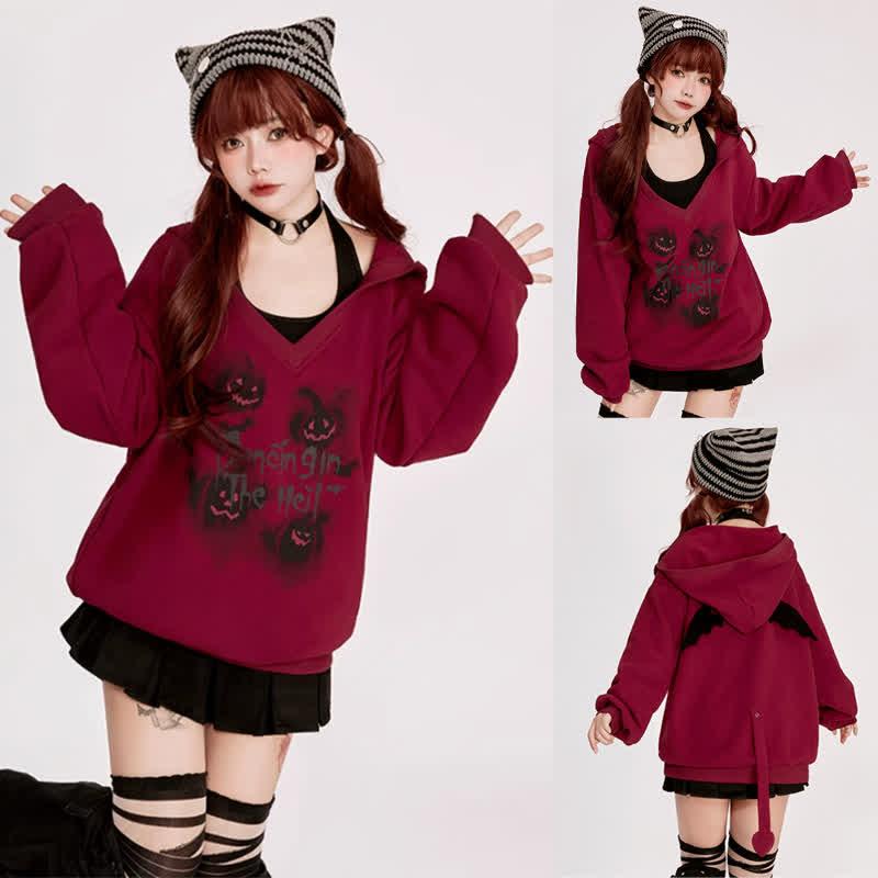 Devil Wings Letter Print Hoodie Cami Top Two Pieces Set  |   Sweatshirts & Hoodies Clothing Red