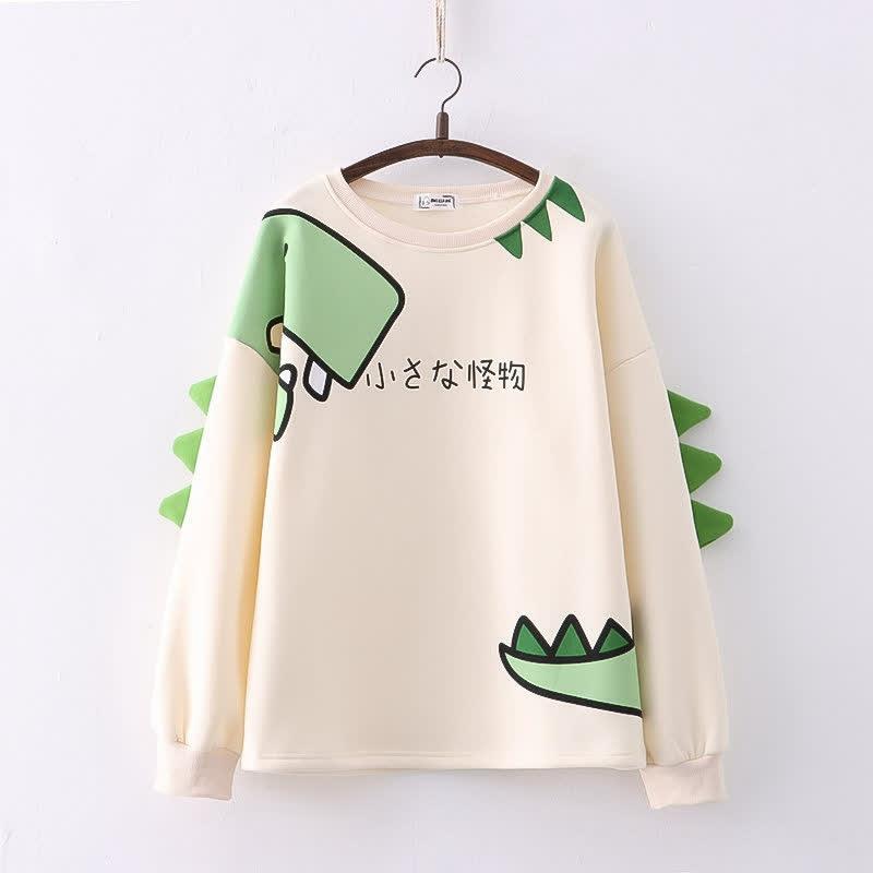 Dinosaur Print Round Collar Plush Sweatshirt  |   Sweatshirts & Hoodies Clothing Apricot