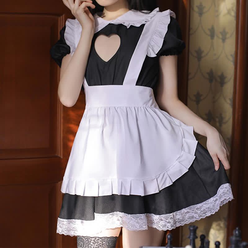 Doll Collar Love Heart Hollow Out Ruffled Maid Dress  |   Dresses Clothing Black