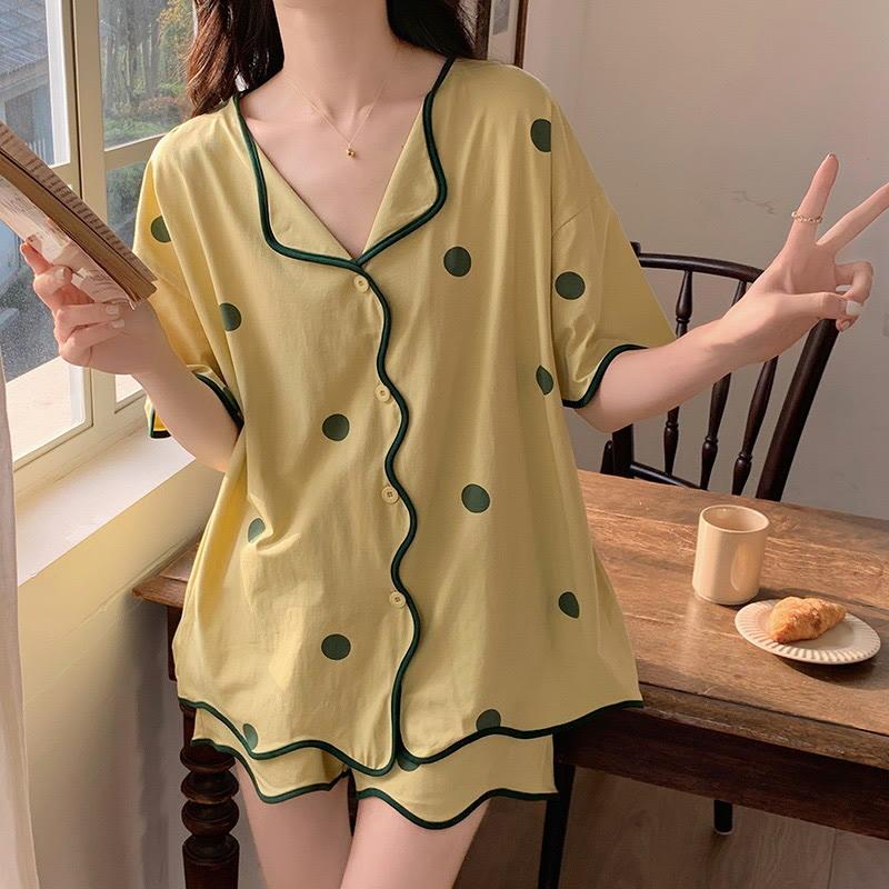 Dot Print T-Shirt Shorts Pajamas Set  |   Pajamas Clothing Green