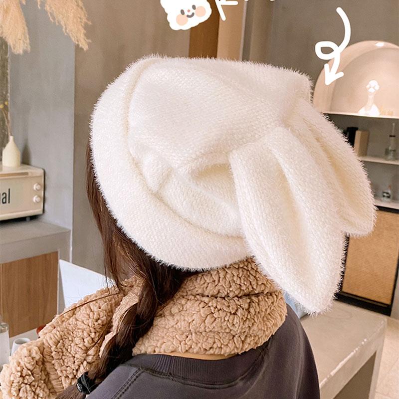 Draping Cute Bunny Ears Woolen Hat Outdoor Cap  |   Hats & Scarfs Accessories Black