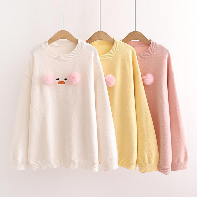 Duck Embroidery Fuzzy Ball Sweater  |   Sweater Clothing Beige