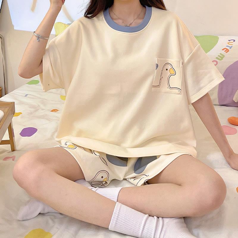 Duck Print Casual Summer Pajamas Two Piece Set  |   Pajamas Clothing Apricot