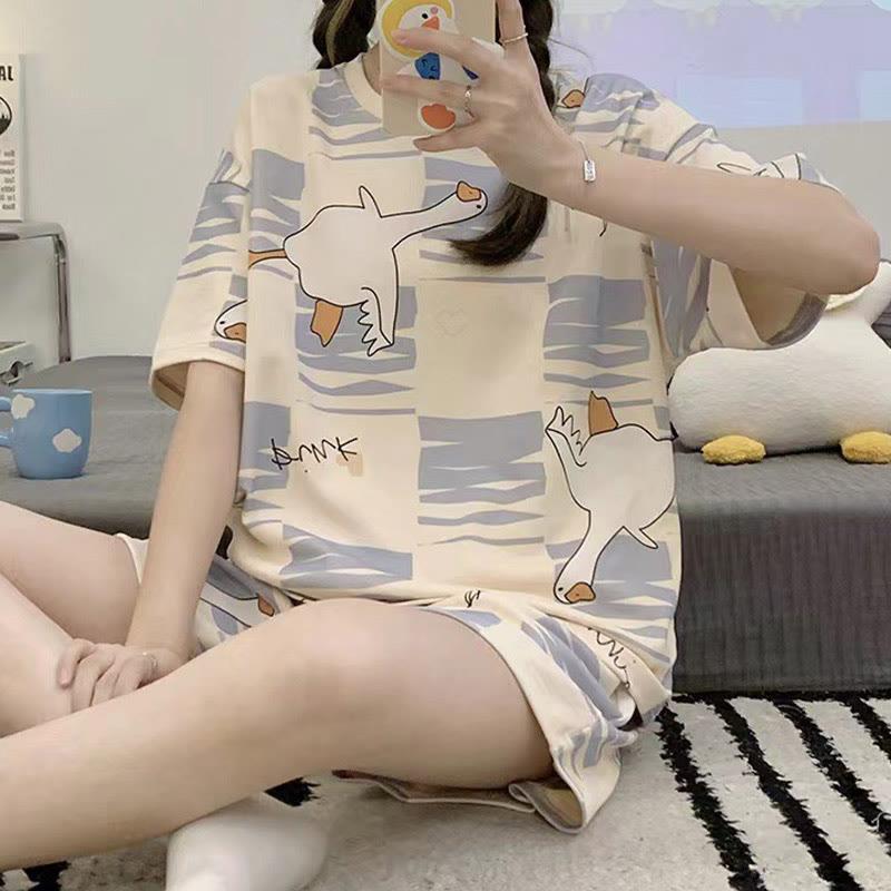 Duck Print Lattice Summer Pajamas Two Piece Set  |   Pajamas Clothing Apricot