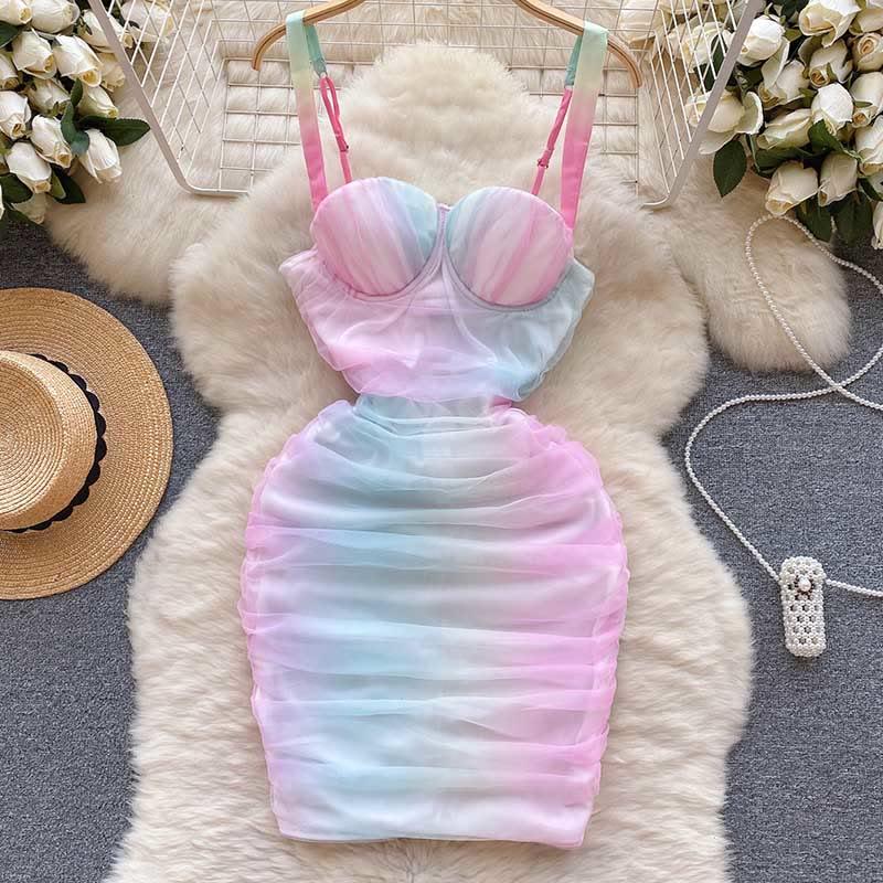 Elegant Rainbow Gradient Color Bodycon Slip Dress  |   Dresses Clothing Dresses