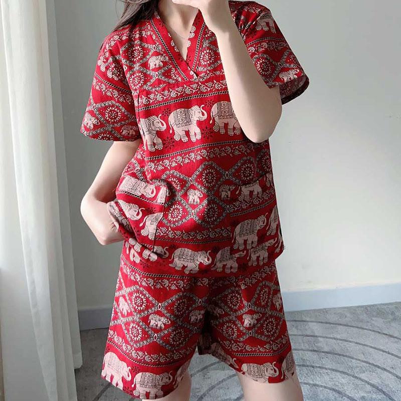 Elephants Print V-Neck T-Shirt Shorts Pajamas Set  |   Pajamas Clothing Men