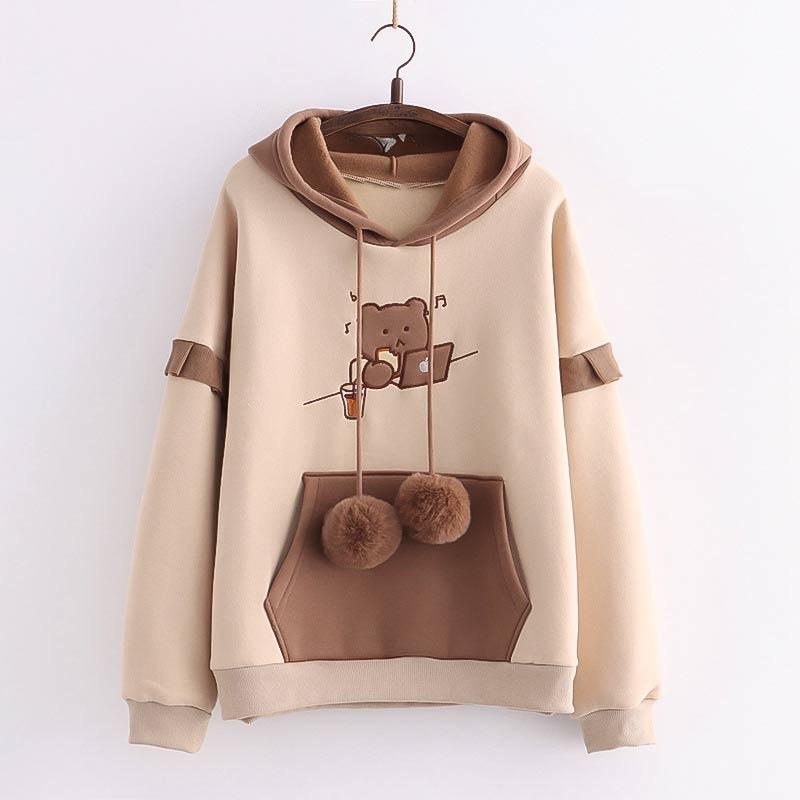 Embroidery Bear Pocket Colorblock Hoodie  |   Sweatshirts & Hoodies Clothing Brown