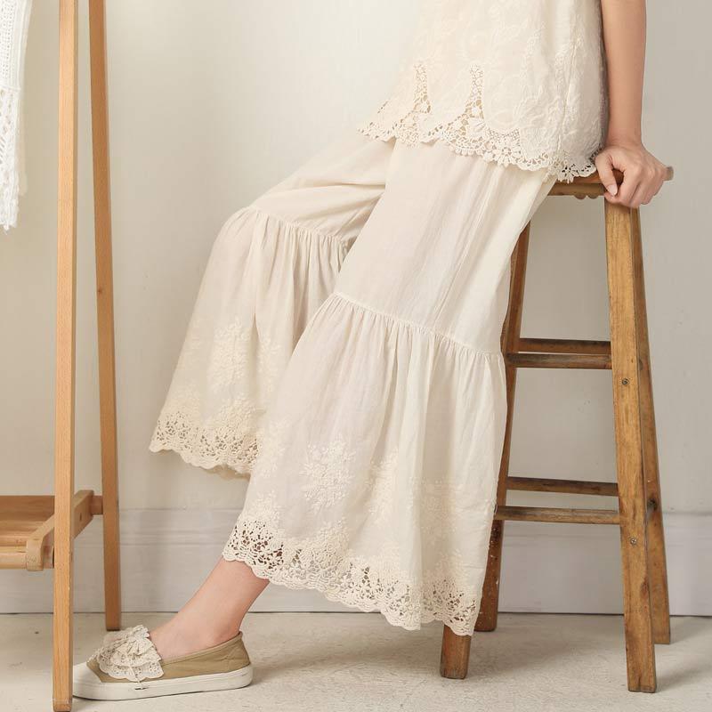 Embroidery Hollow Elastic Waist Loose Wide Leg Pants  |   Pants Clothing Apricot