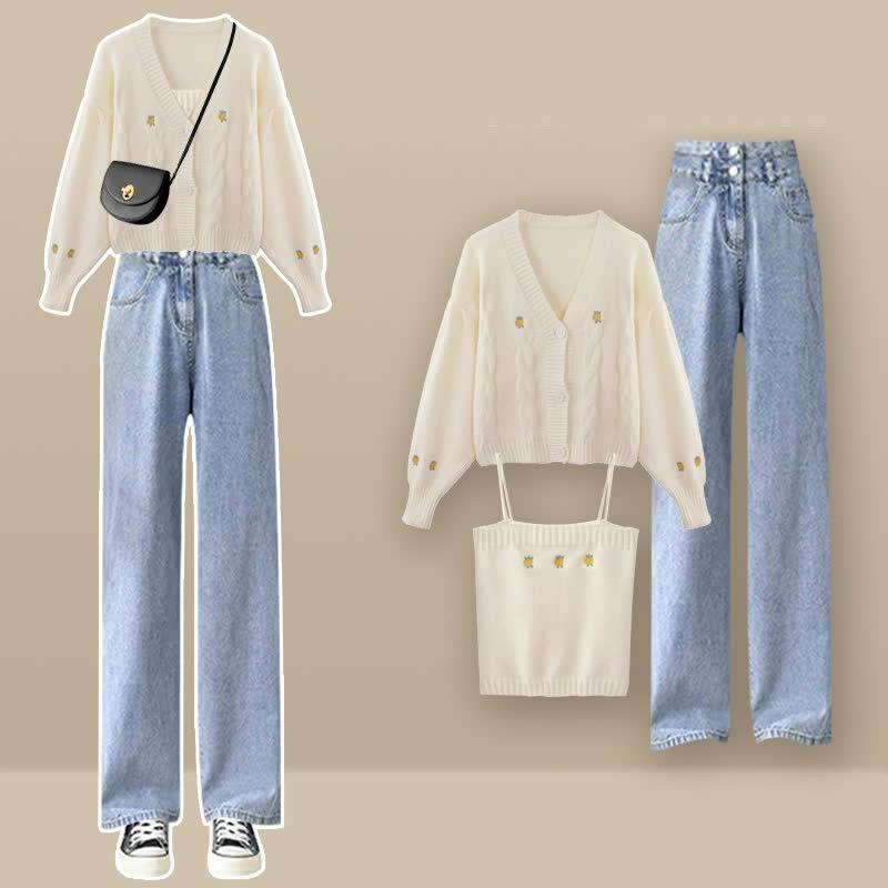 Embroidery Top Cardigan Sweater Denim Pants Three Pieces Set  |   Sweater Clothing Pants