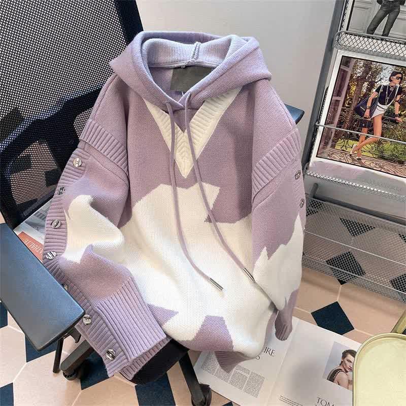 Fake Two Pieces Colorblock Knit Hoodie  |   Sweater Clothing Purple