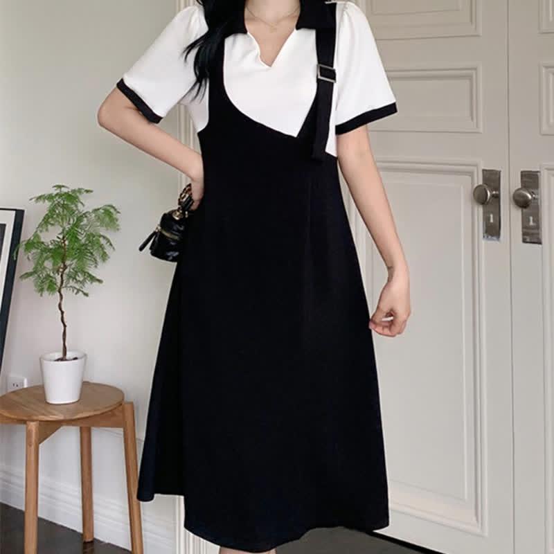 Fake Two Pieces Loose Colorblock Polo Suspender Dress  |   Dresses Clothing Black&White(Long)