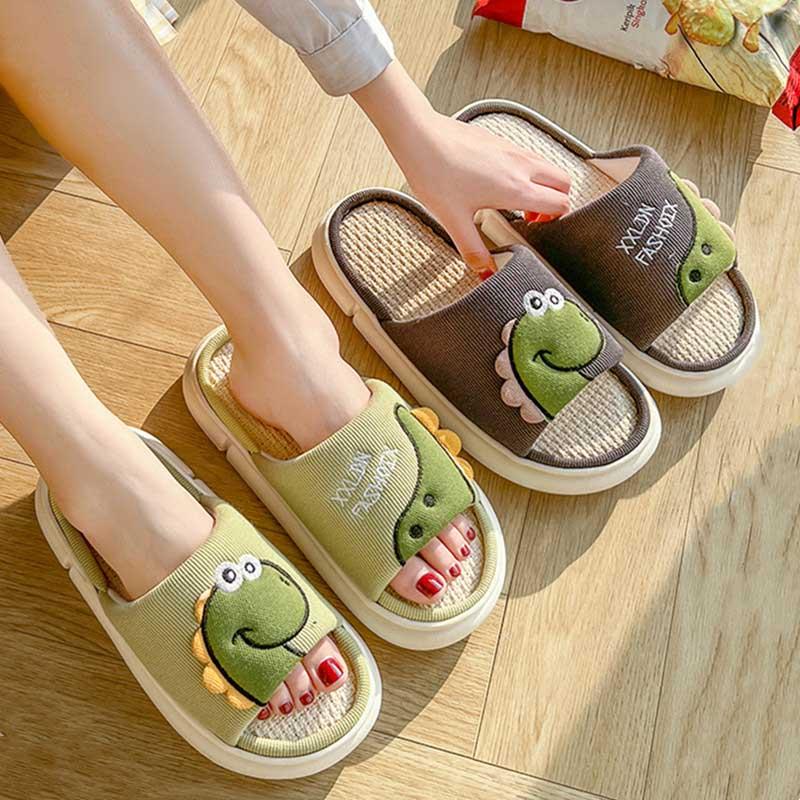 Fashion Cartoon Dinosaur Linen Slippers  |   Slippers Shoes Blue