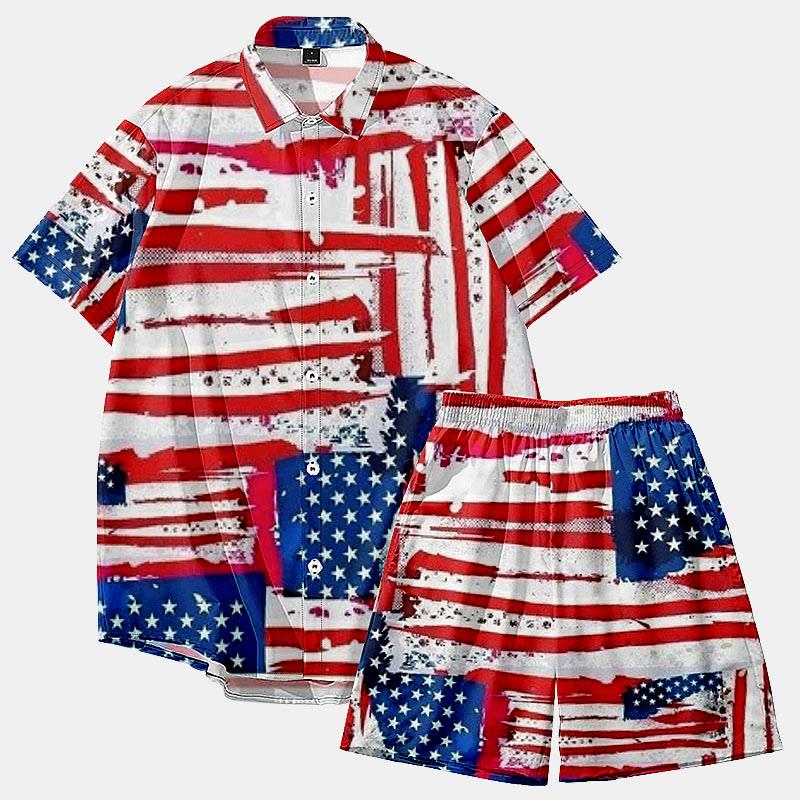 Fashion Flag Stars Print Short Sleeve Shirt Shorts Set  |   T-Shirts Clothing Set