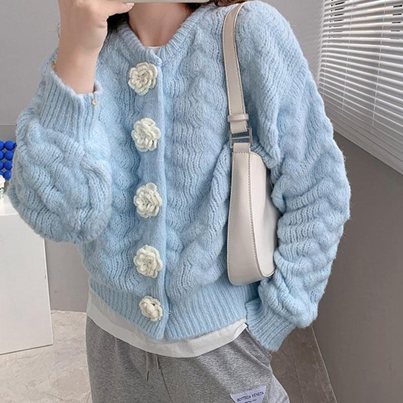 Fashion Flowers Cardigan Knitted Sweater  |   Sweater Clothing Blue