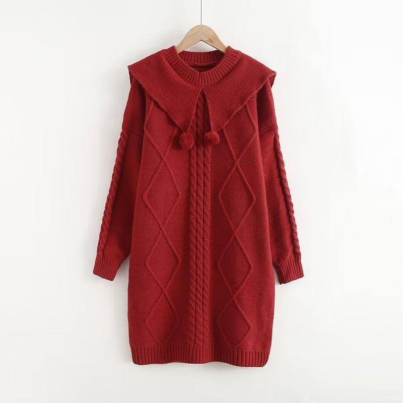 Fashion Fuzzy Ball Rhombus Texture Knit Sweater Dress  |   Dresses Clothing Apricot