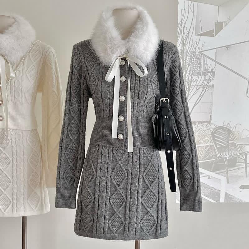 Fashion Knit Cardigan Sweater Skirt Two Pieces Set With Plush Collar  |   Sweater Clothing Beige