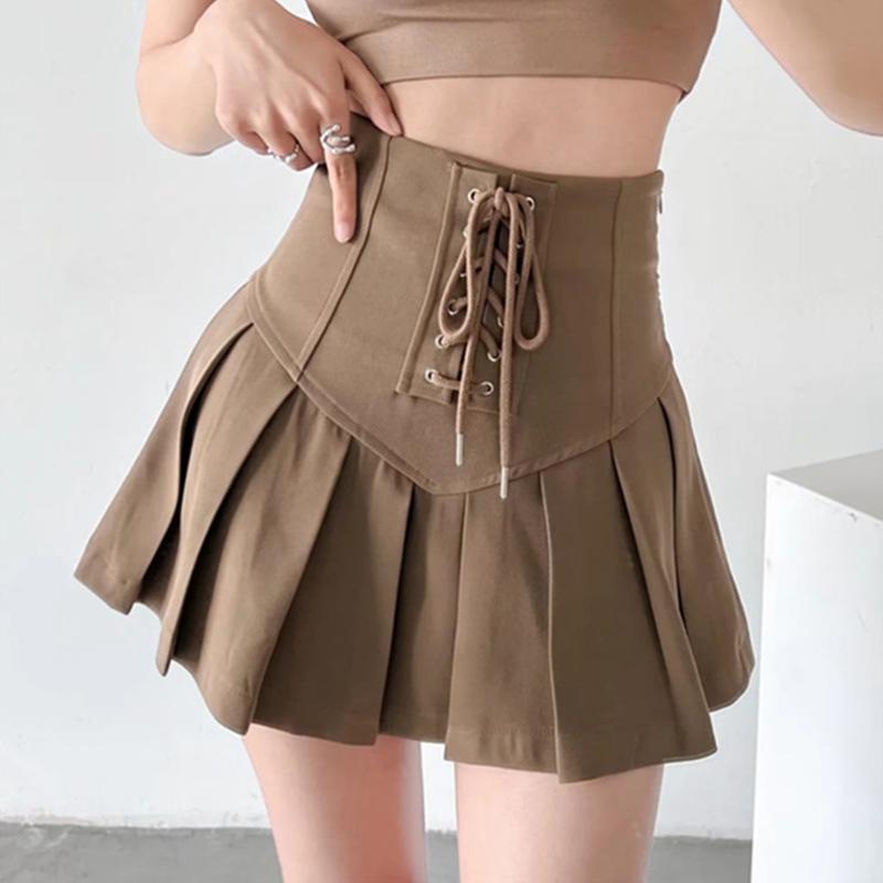 Fashion Lace Up High Waist Pleated Skirt  |   Skirts Clothing Black