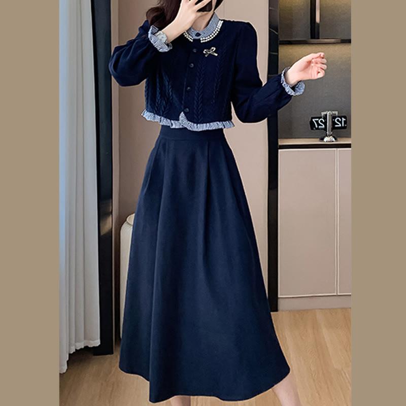 Fashion Long Sleeve Sweater Skirt Two Pieces Set  |   Sweater Clothing Navy Blue