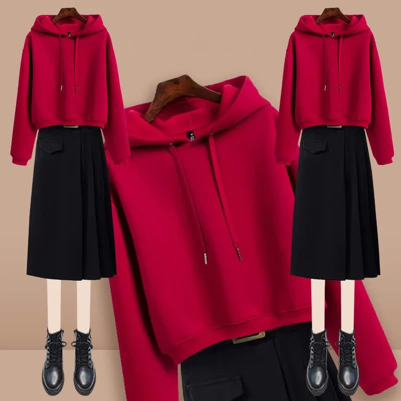 Fashion Pure Color Draw String Hoodie Belted Pleated Skirt  |   Sweatshirts & Hoodies Clothing Hoodie