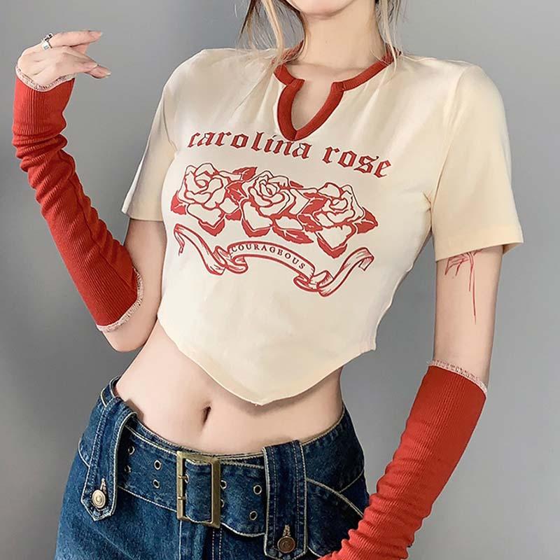 Fashion Rose Letter Print Irregular Crop Top T-Shirt  |   Crop Tops & Camis Clothing Apricot