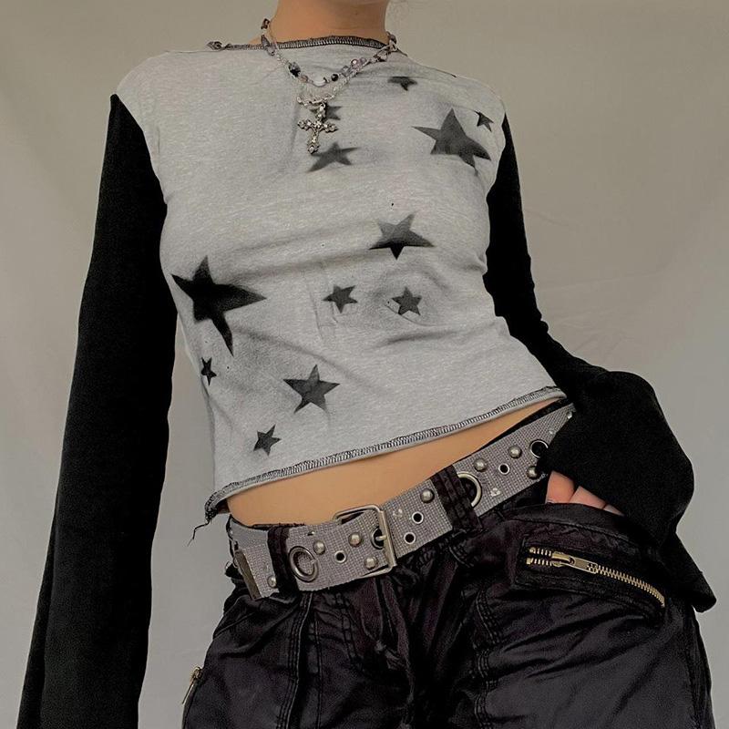 Fashion Star Print Round Collar Colorblock Sweatshirt Top  |   Crop Tops & Camis Clothing Brown