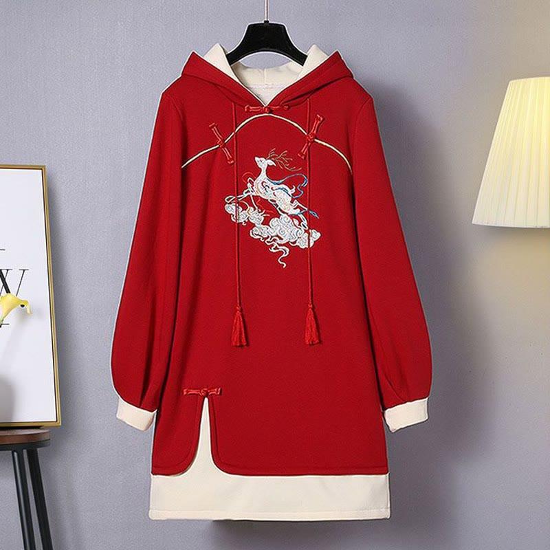 Fawn Embroidery Buckle Tassel Hooded Sweatshirt Dress  |   Sweatshirts & Hoodies Clothing Red