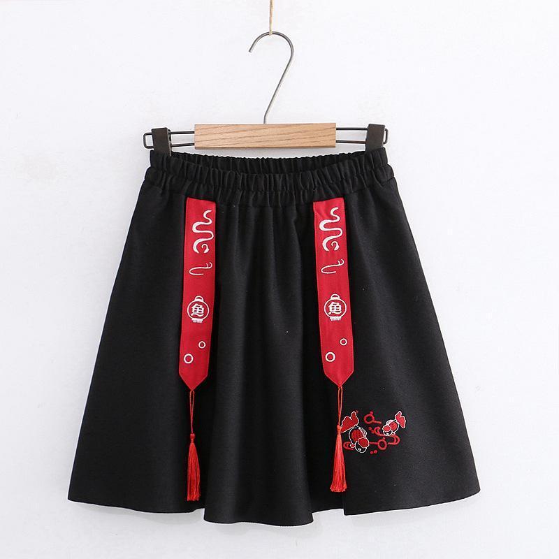 Fish Embroidery Tassels A-Line Skirt  |   Skirts Clothing Black