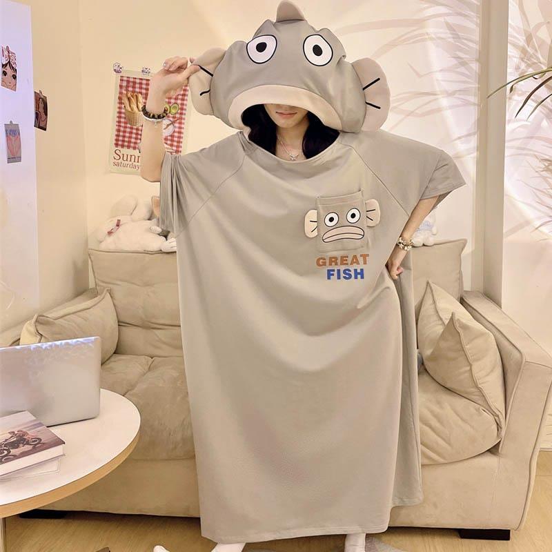 Fish Oversized Loose Hooded Pajamas Dress  |   Pajamas Clothing Grey